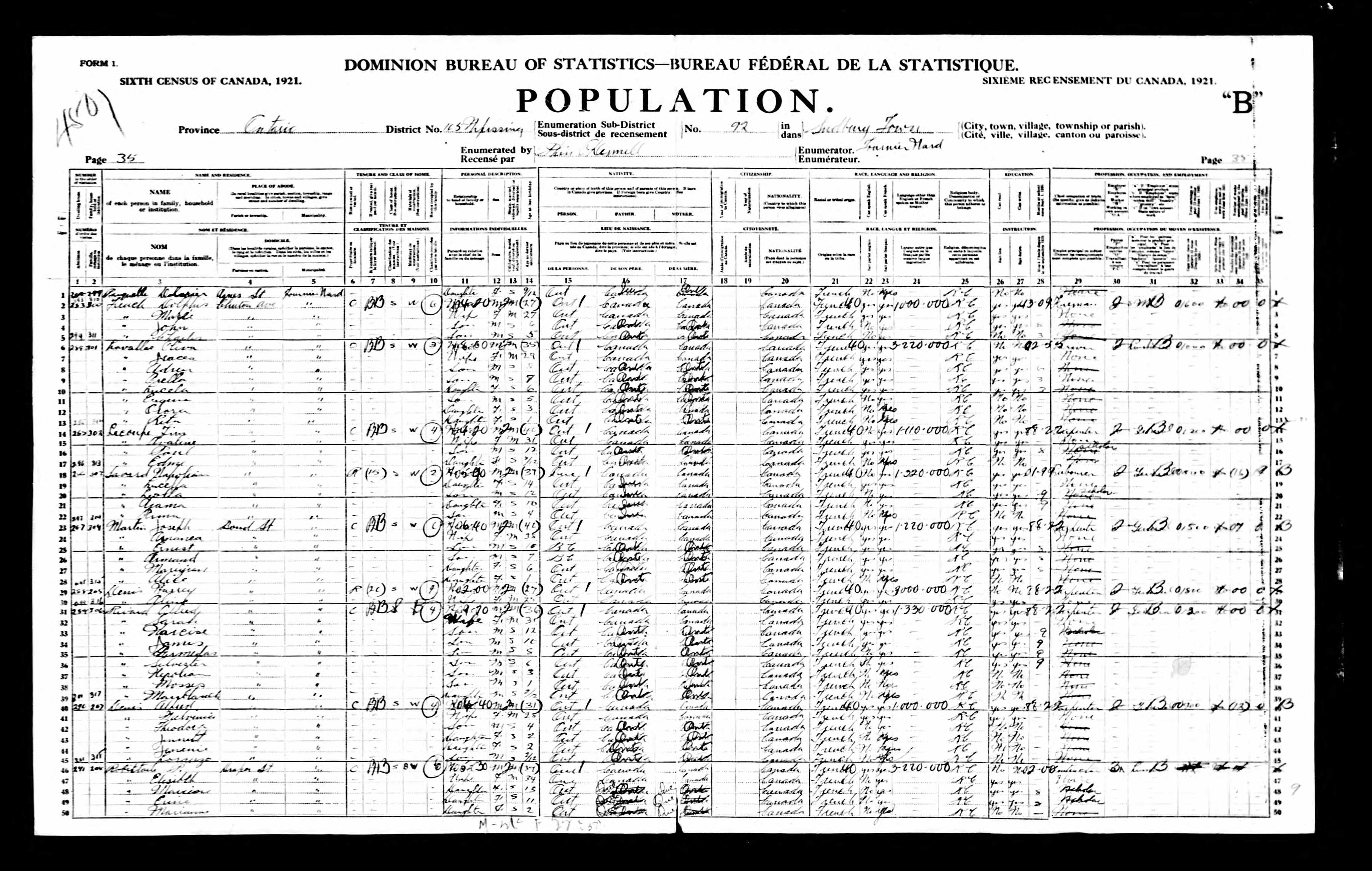 1921 census, Ontario, Nipissing, sub-district 92, Sudbury, page 35