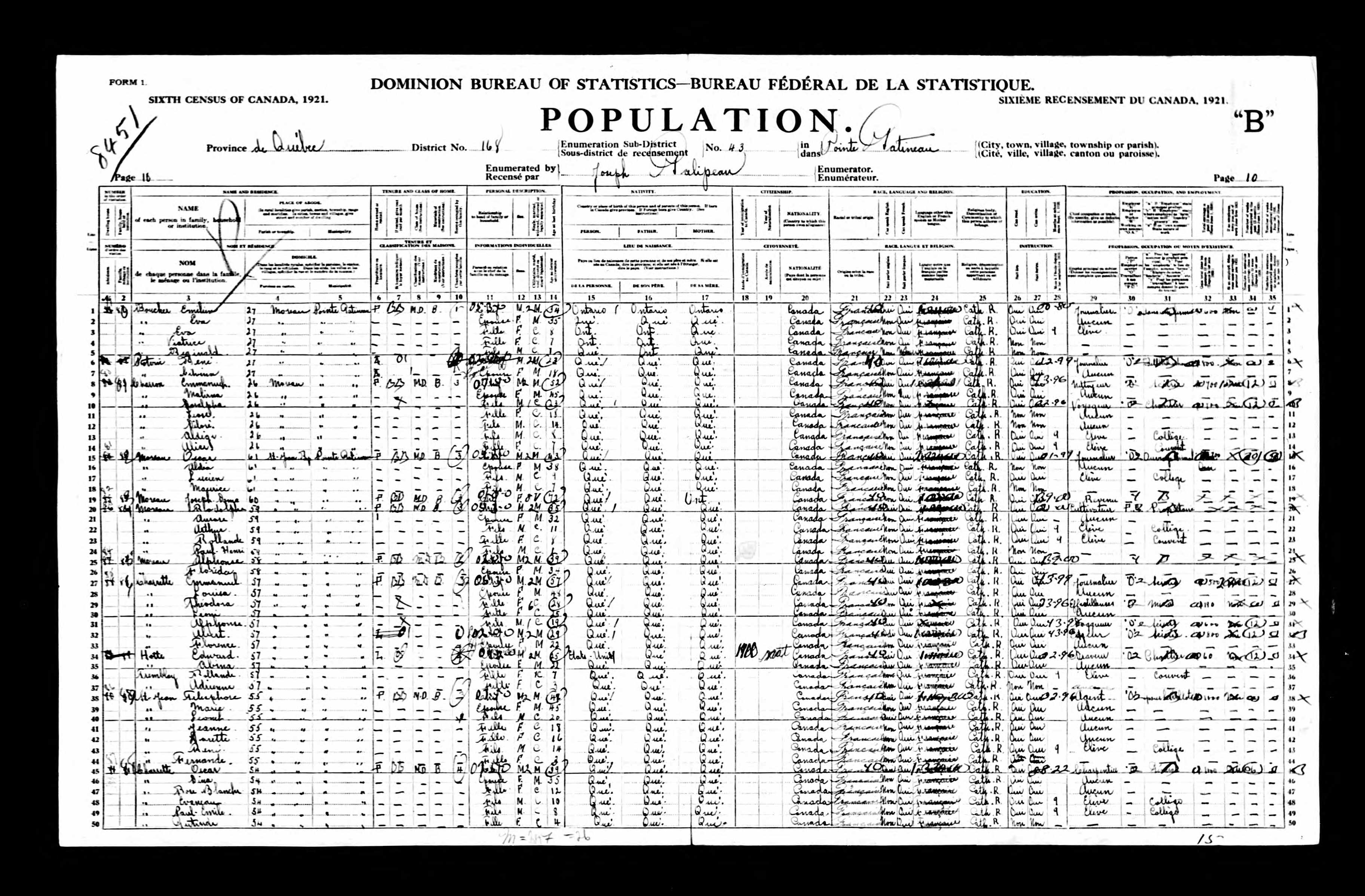 1921 census, Québec, Hull, sub-district 43, Pointe Gatineau, page 10