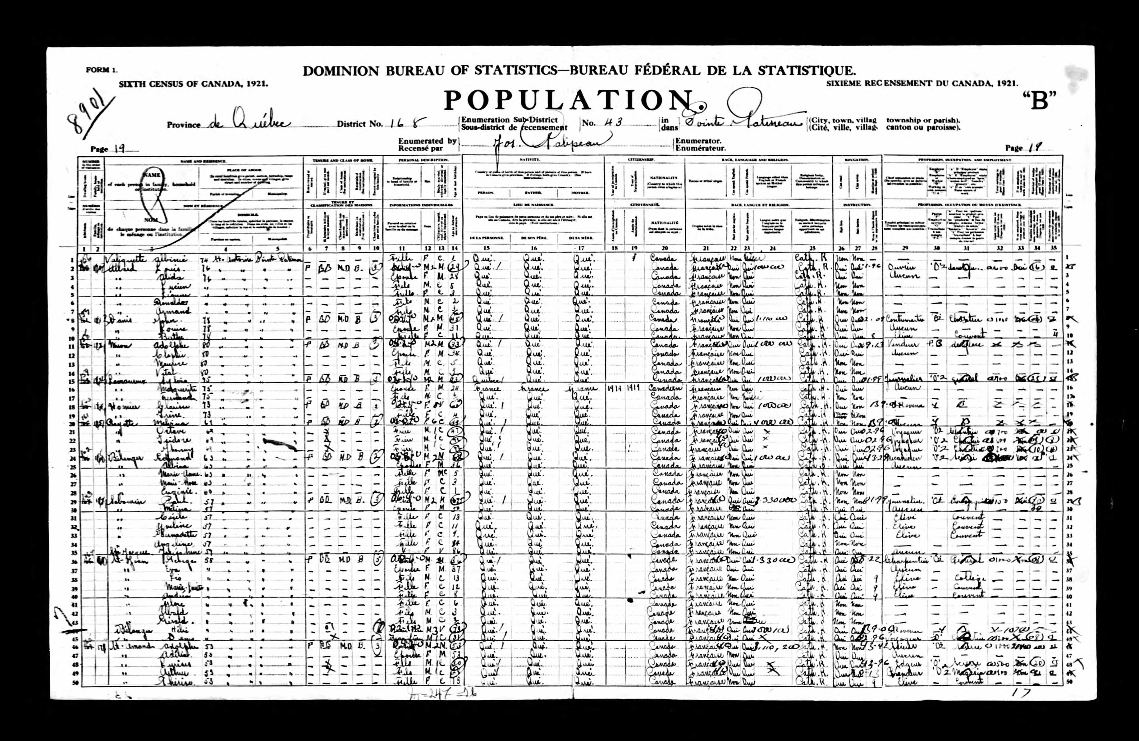 1921 census, Québec, Hull, sub-district 43, Pointe Gatineau, page 19