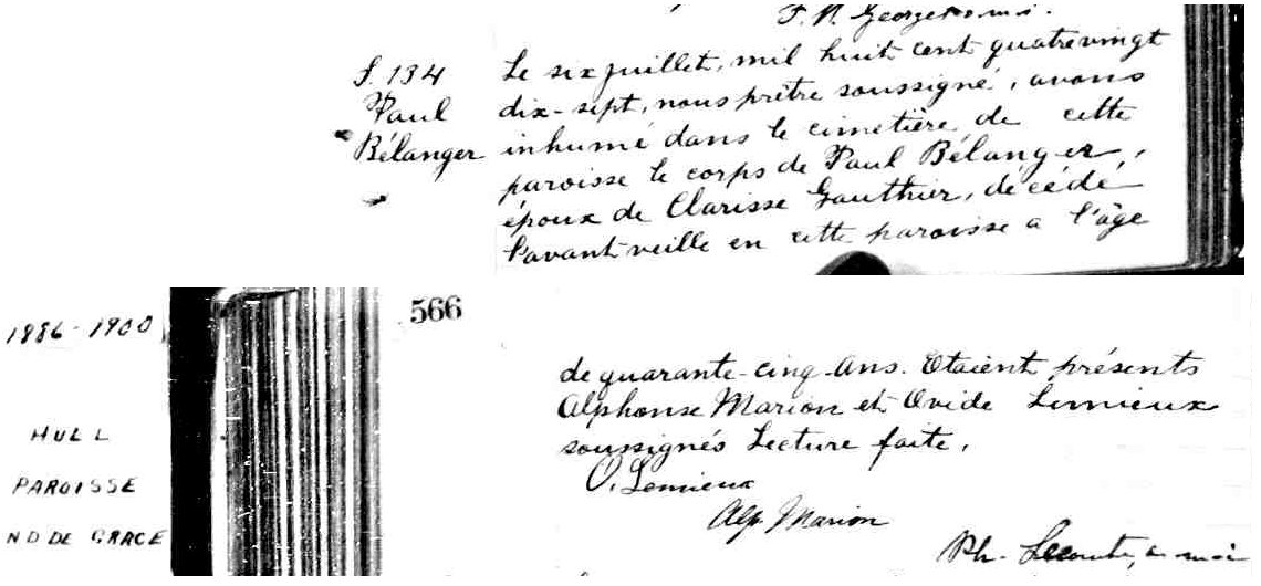 Church record for the death of Paul Bélanger