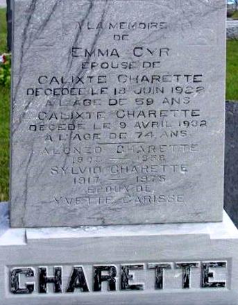 Headstone for Calixte Charette and family