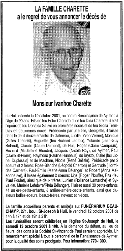 Obituary: Ivanhoe Charette