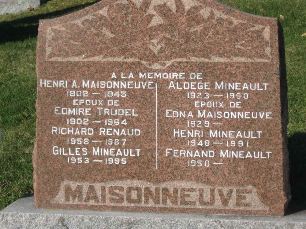 Headstone for Maisonneuve, Trudel, Mineault, Renaud